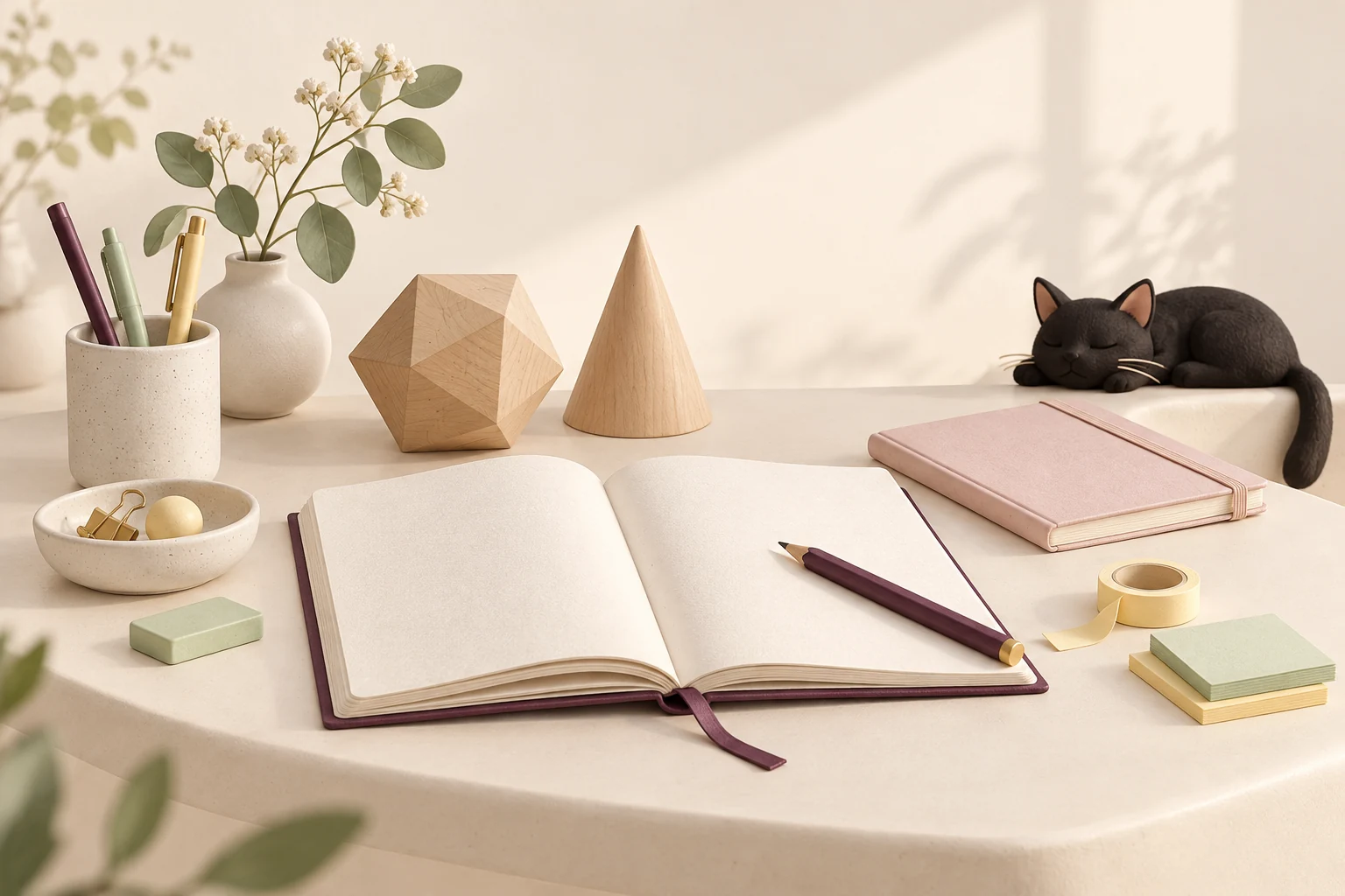 Mesa de estudio con cuaderno, lápices y figuras geométricas